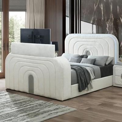 Acme Furniture Shelyn BD04751EK EK Bed w/LED, TV Cabinet, Fireplace & Bluetooth - White Teddy Sherpa & Chrome