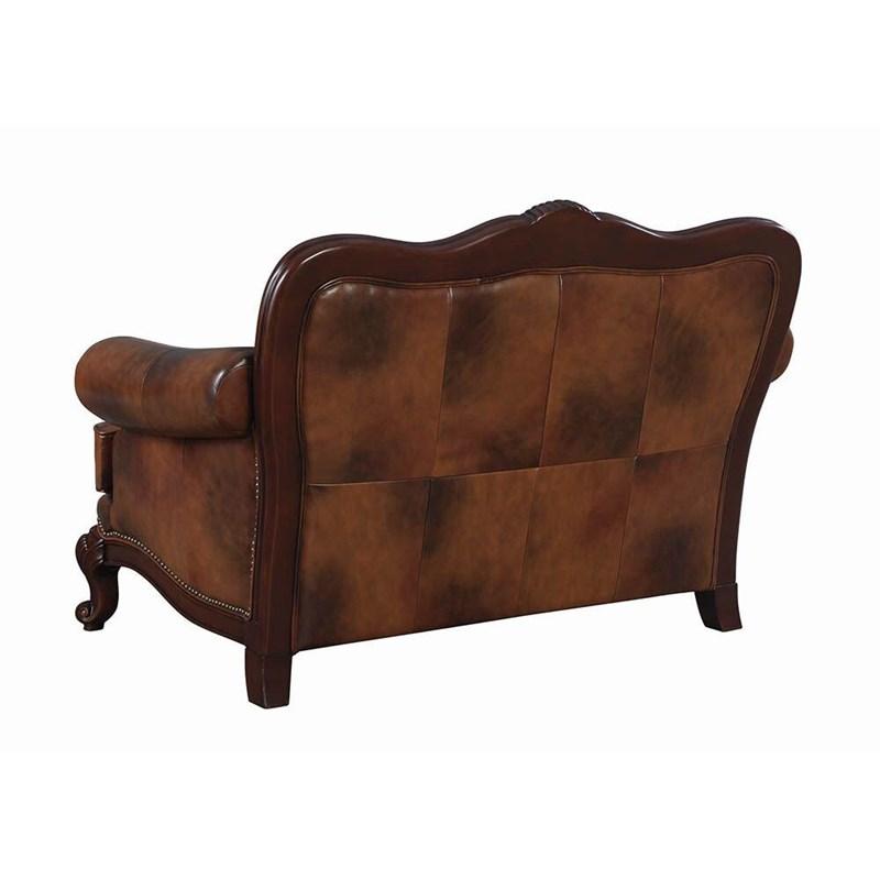 Large Picture of Coaster Furniture Victoria 500682 Full Leather Upholstered Rolled Arm Loveseat - Brown
