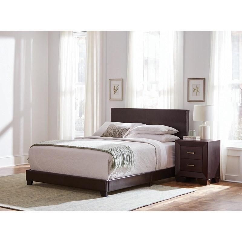 Large Picture of Coaster Furniture Dorian 300762Q Faux Leather Upholstered Queen Panel Bed - Brown