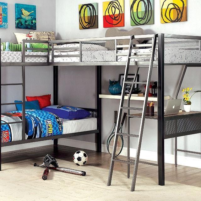 Large Picture of Furniture of America Ballarat CM-BK1049 L-Shaped Triple Twin Bunk Bed
