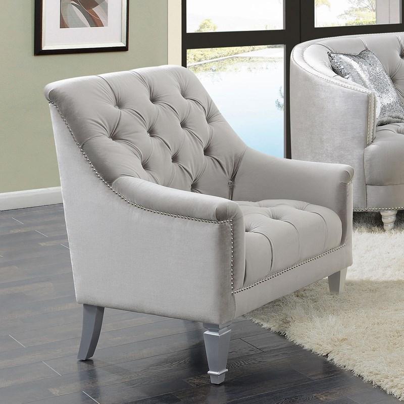 Large Picture of Coaster Furniture Avonlea 508463 Velvet Upholstered Sloped Arm Chair - Grey Velvet