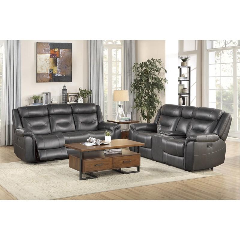 Large Picture of Homelegance Kennett 9528DGY-3PWH Power Double Reclining Sofa with Power Headrests and USB Ports - Dark Grey