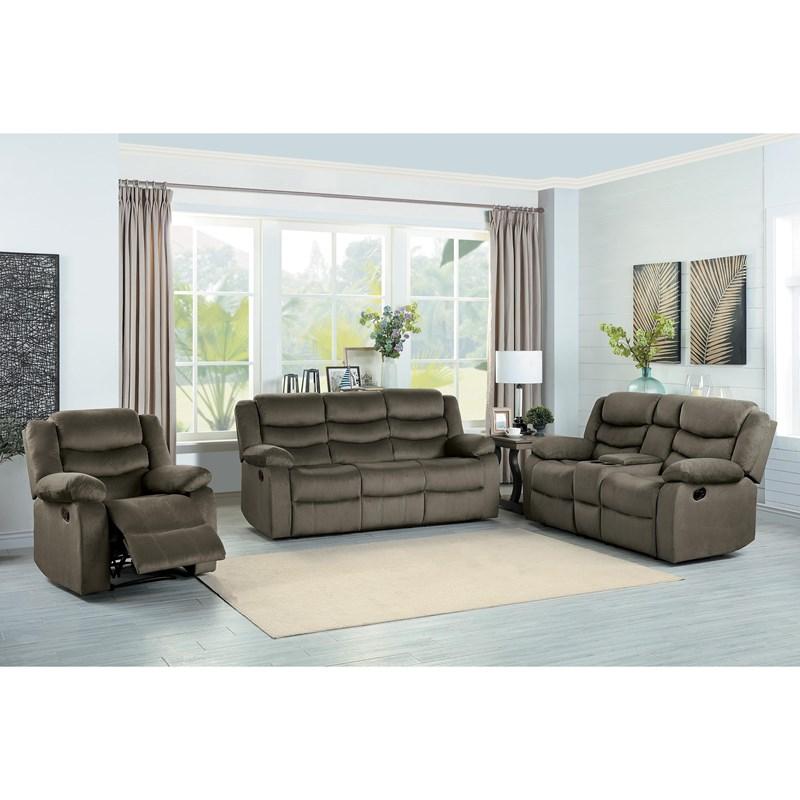 Large Picture of Homelegance Discus 9526BR-2 Double Reclining Love Seat with Center Console - Brown