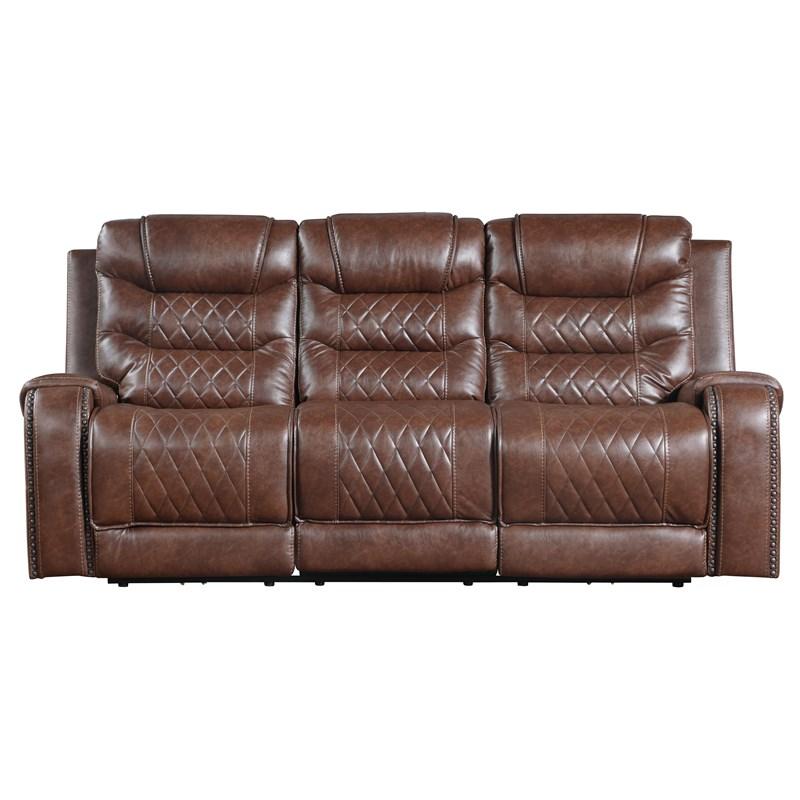 Homelegance Putnam 9405BR-3PW Power Double Reclining Sofa with Center Drop-Down Cup Holders and Receptacles
