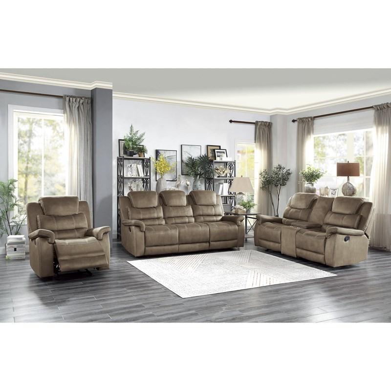 Large Picture of Homelegance Shola 9848BR-2 Double Glider Reclining Love Seat with Center Console - Brown
