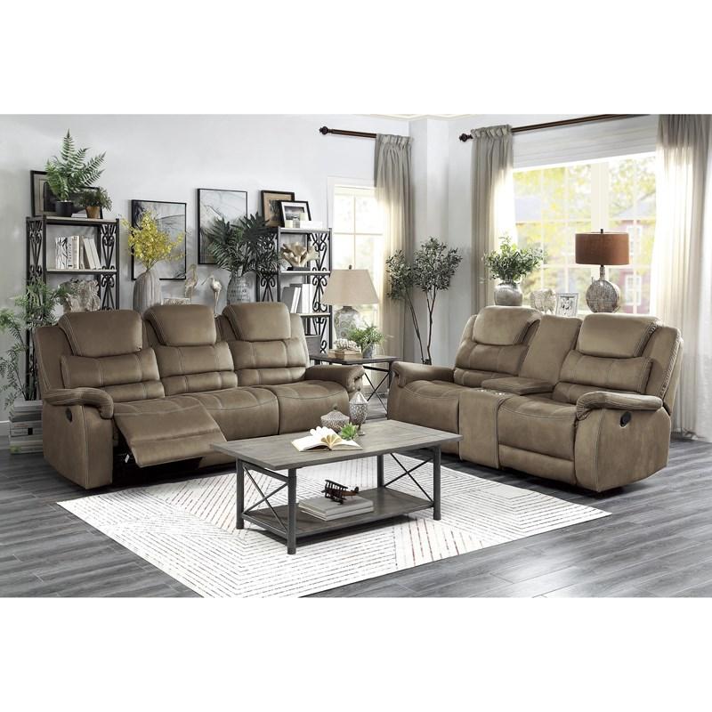 Large Picture of Homelegance Shola 9848BR-2 Double Glider Reclining Love Seat with Center Console - Brown