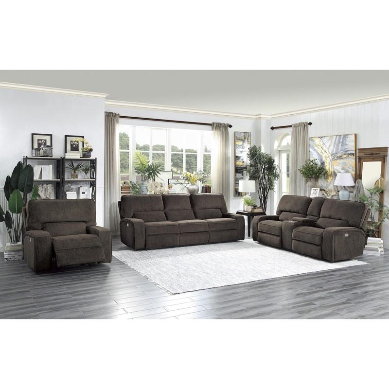 Large Picture of Homelegance Borneo 9849CH-3PWH Power Double Reclining Sofa with Power Headrests and USB Ports - Chocolate
