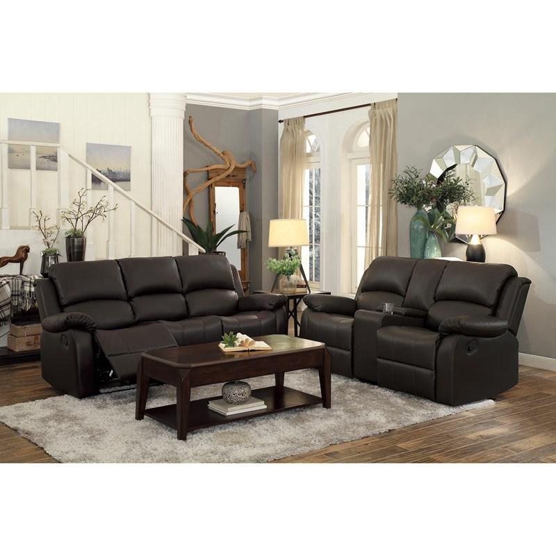 Large Picture of Homelegance Clarkdale 9928DBR-3 Double Reclining Sofa with Center Drop-Down Cup Holders - Dark Brown