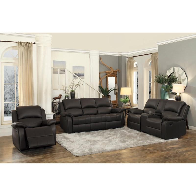 Large Picture of Homelegance Clarkdale 9928DBR-3 Double Reclining Sofa with Center Drop-Down Cup Holders - Dark Brown