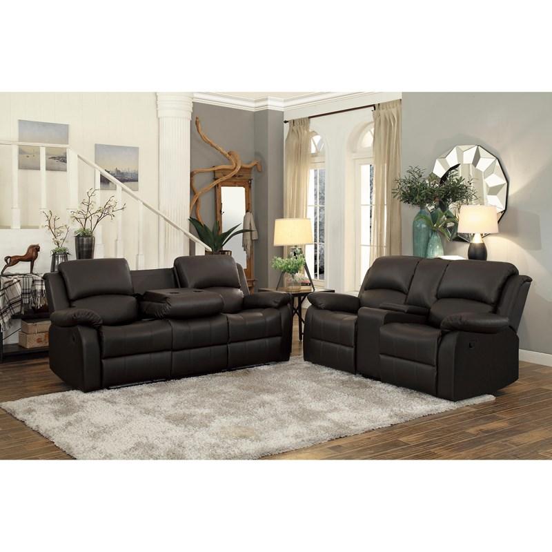 Large Picture of Homelegance Clarkdale 9928DBR-3 Double Reclining Sofa with Center Drop-Down Cup Holders - Dark Brown