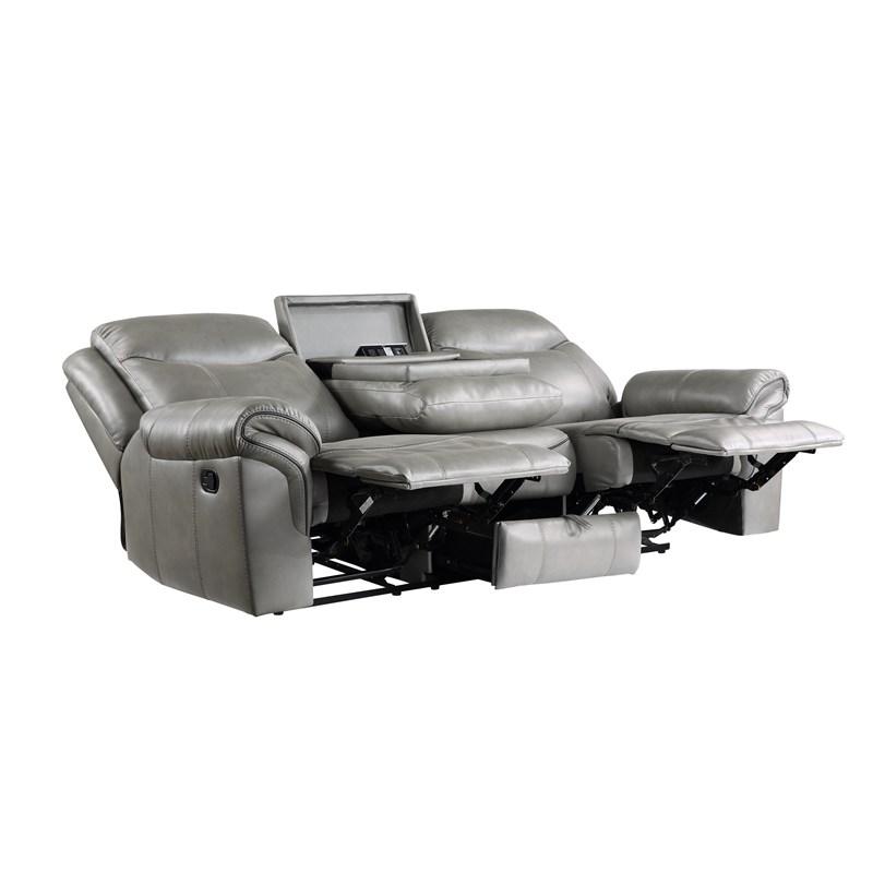 Large Picture of Homelegance Aram 8206GRY-3 Double Reclining Sofa with Center Drop-Down Cup Holders, Receptacles and USB Ports