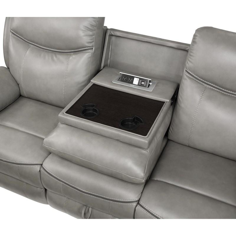 Large Picture of Homelegance Aram 8206GRY-3 Double Reclining Sofa with Center Drop-Down Cup Holders, Receptacles and USB Ports