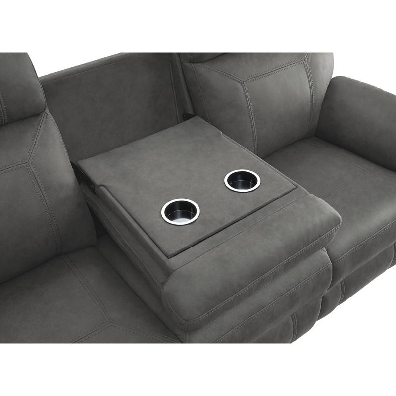 Large Picture of Homelegance Clifton 9301GRY-3 Double Reclining Sofa with Center Drop-Down Cup Holders