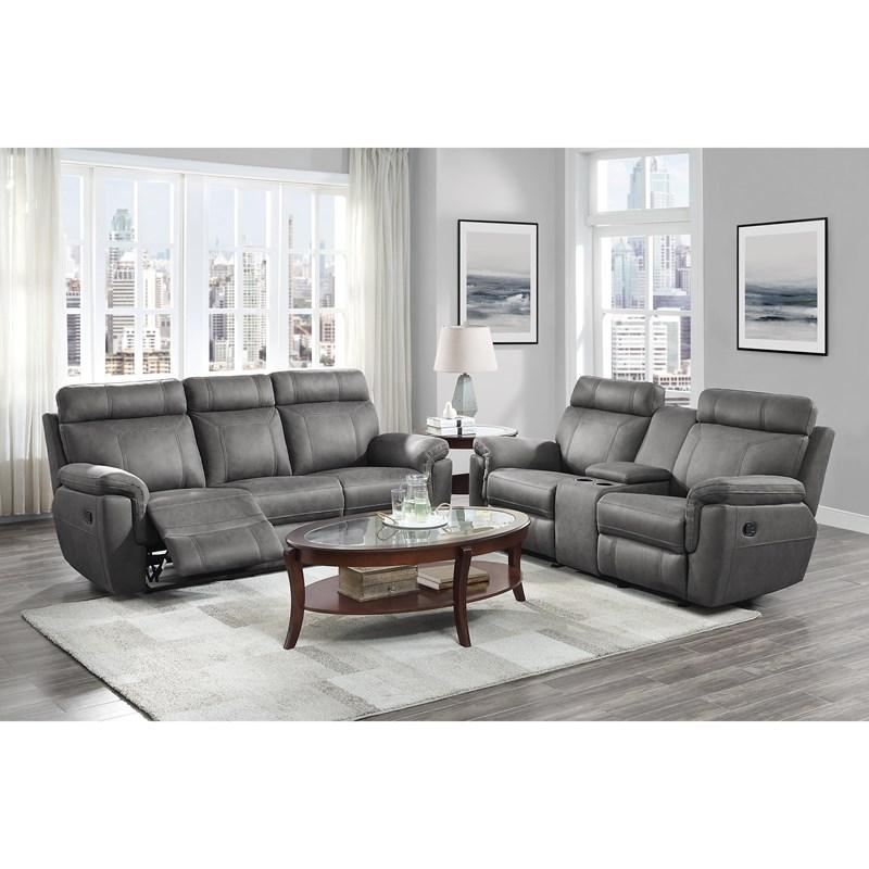 Large Picture of Homelegance Clifton 9301GRY-3 Double Reclining Sofa with Center Drop-Down Cup Holders