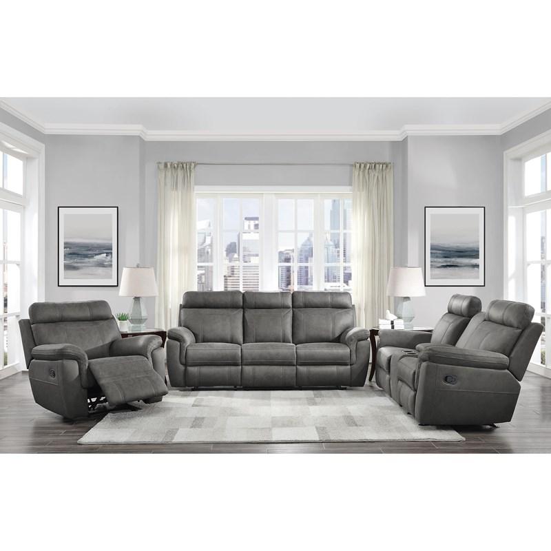 Large Picture of Homelegance Clifton 9301GRY-3 Double Reclining Sofa with Center Drop-Down Cup Holders