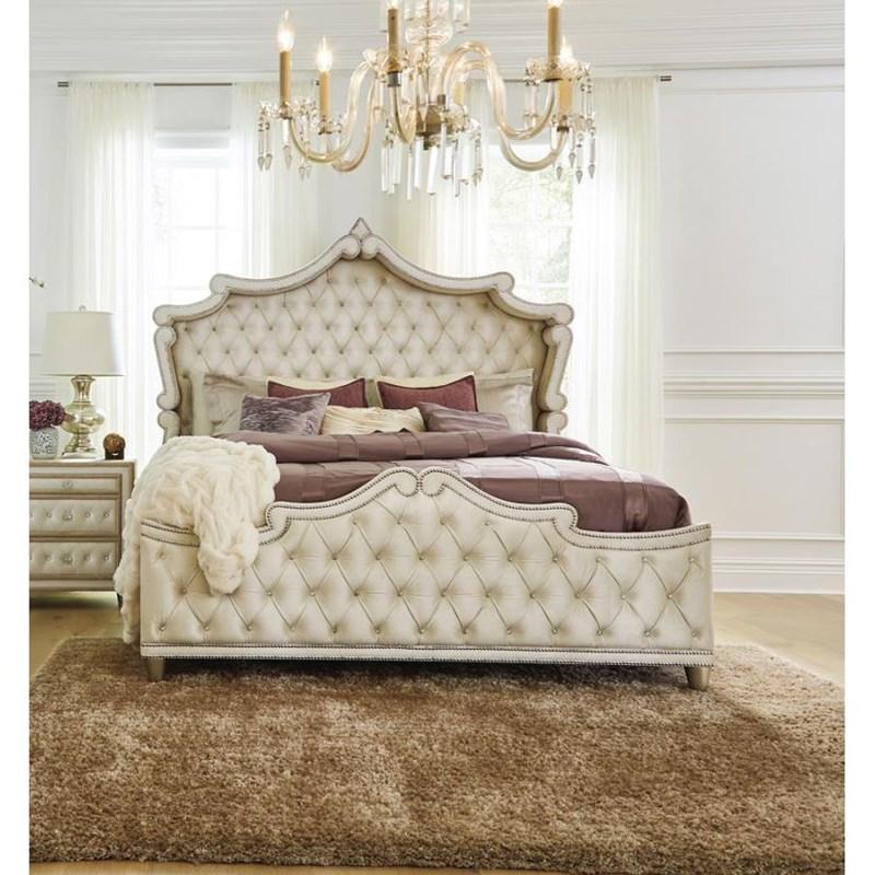 Large Picture of Coaster Furniture Antonella 223521Q Upholstered Queen Panel Bed - Ivory and Camel