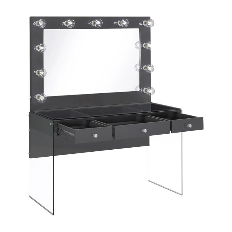 Large Picture of Coaster Furniture Afshan 935923 3-Drawer Vanity Set with Lighting - Grey High Gloss