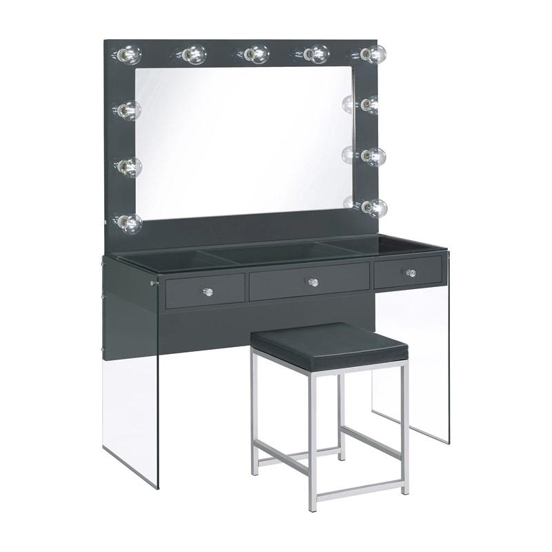 Large Picture of Coaster Furniture Afshan 935923 3-Drawer Vanity Set with Lighting - Grey High Gloss