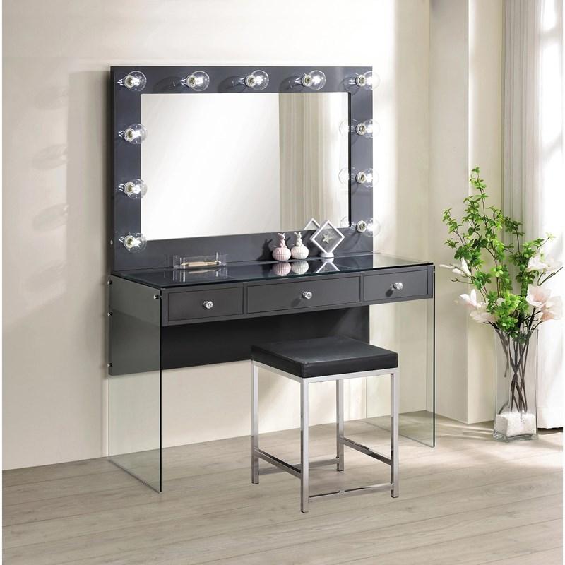 Large Picture of Coaster Furniture Afshan 935923 3-Drawer Vanity Set with Lighting - Grey High Gloss