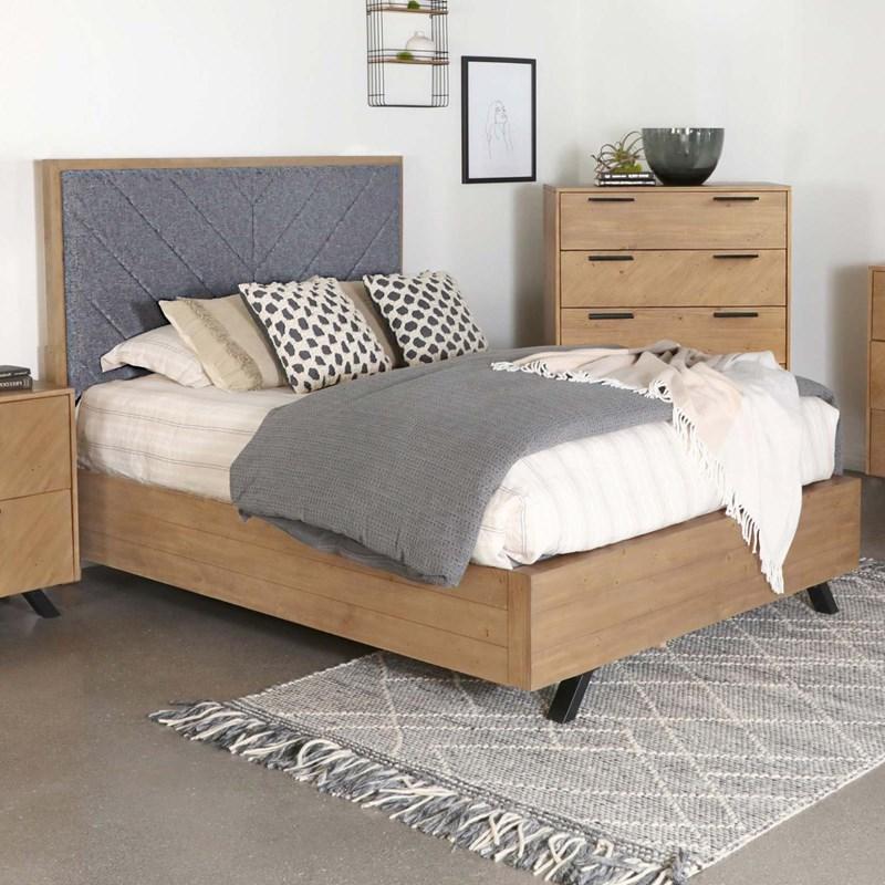 Large Picture of Coaster Furniture Taylor 223421KE Upholstered Eastern King Panel Bed - Light Honey Brown/Grey