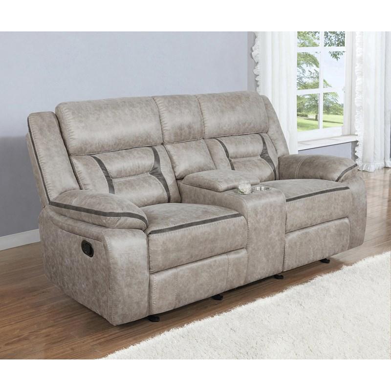 Large Picture of Coaster Furniture Greer 651352 Upholstered Motion Reclining Loveseat - Taupe
