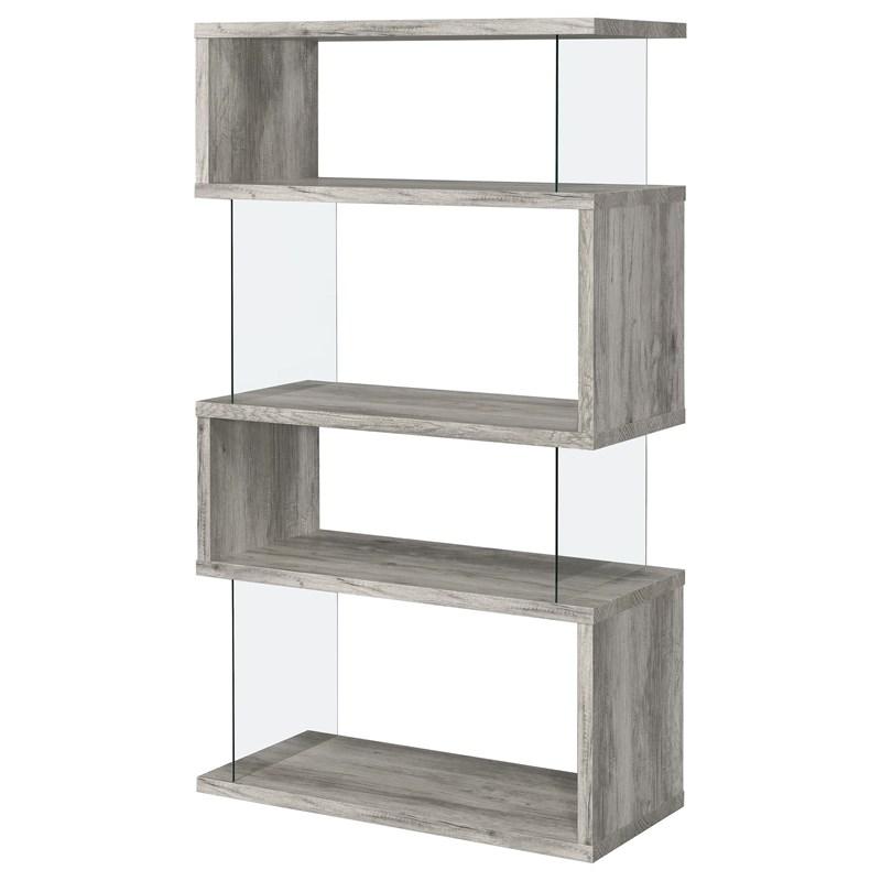 Large Picture of Coaster Furniture Emelle 802340 63-inch 4-shelf Glass Panel Bookshelf - Grey Driftwood