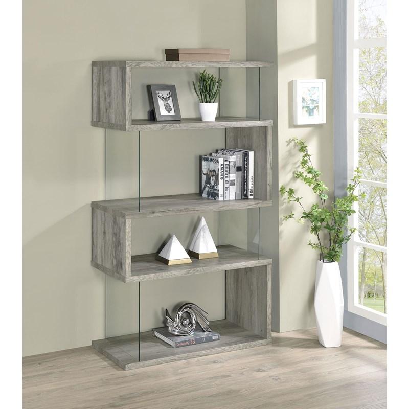 Large Picture of Coaster Furniture Emelle 802340 63-inch 4-shelf Glass Panel Bookshelf - Grey Driftwood