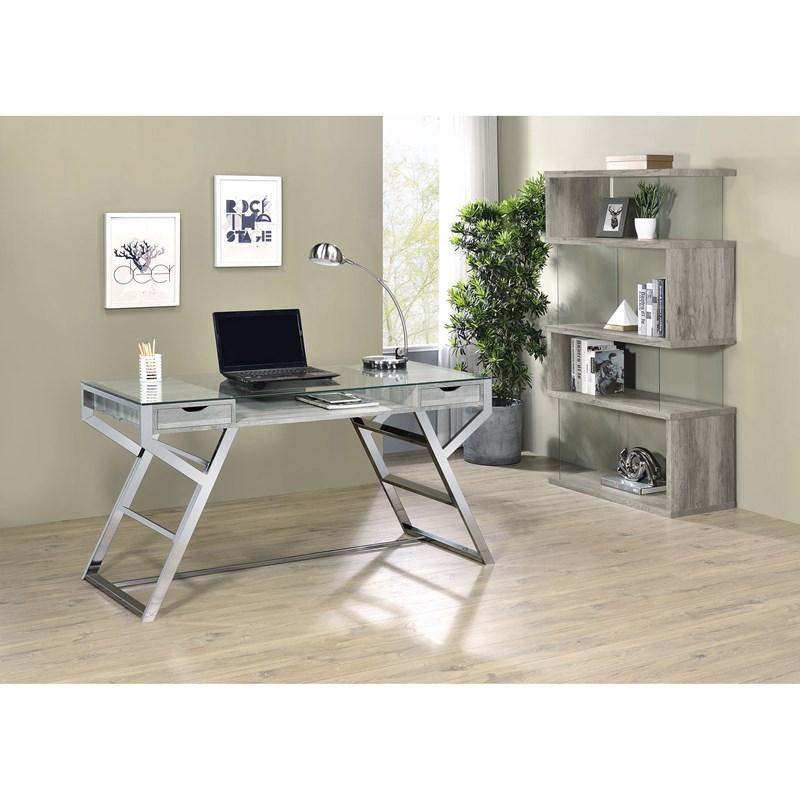 Large Picture of Coaster Furniture Emelle 802340 63-inch 4-shelf Glass Panel Bookshelf - Grey Driftwood