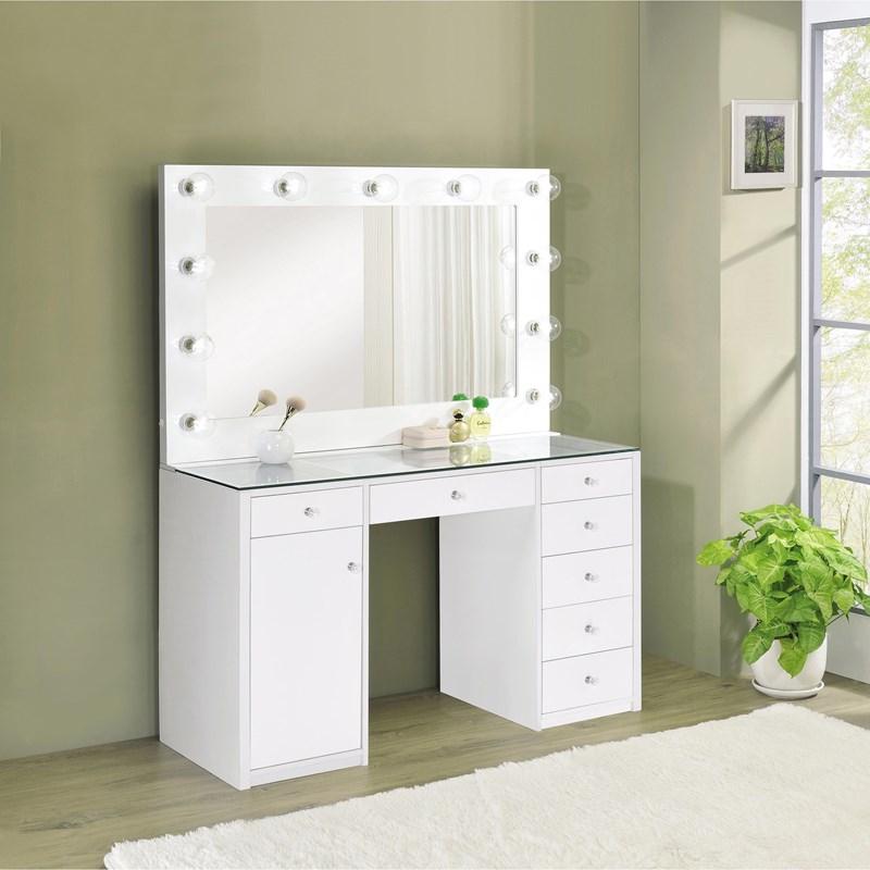 Large Picture of Coaster Furniture Acena 931143 7-Drawer Vanity Set with Lighting - White High Gloss