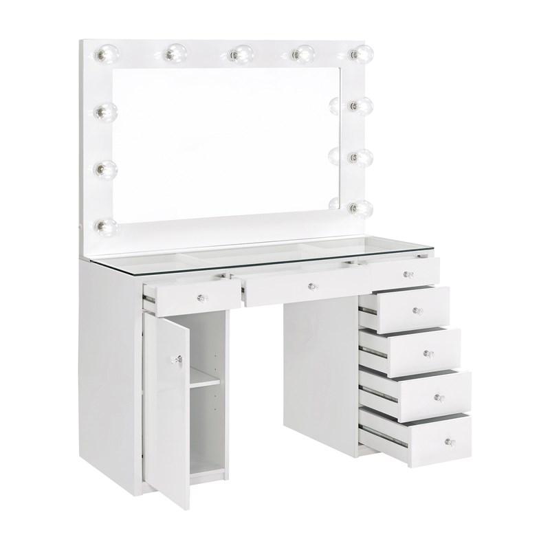 Large Picture of Coaster Furniture Acena 931143 7-Drawer Vanity Set with Lighting - White High Gloss