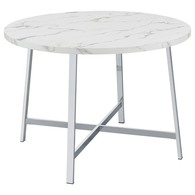 Large Picture of Coaster Furniture Alcott 120400 Round Faux Carrara Marble Top Dining Table - Chrome