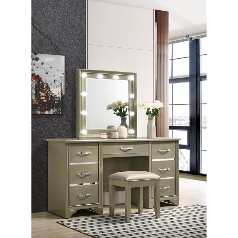 Large Picture of Coaster Furniture Beaumont 205297 7-Drawer Vanity Desk With Lighting Mirror - Champagne