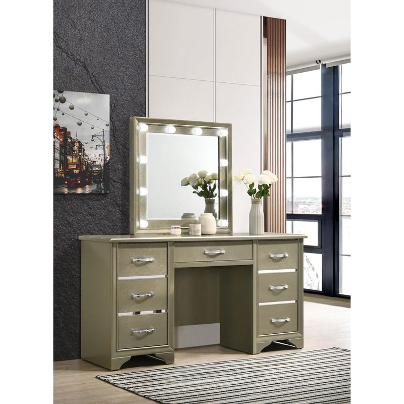 Large Picture of Coaster Furniture Beaumont 205297 7-Drawer Vanity Desk With Lighting Mirror - Champagne