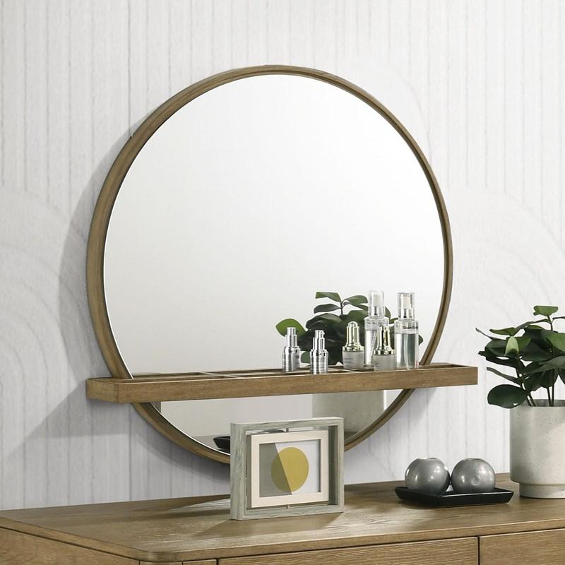 Large Picture of Coaster Furniture Arini 224308 Round Vanity Wall Mirror with Shelf - Sand Wash