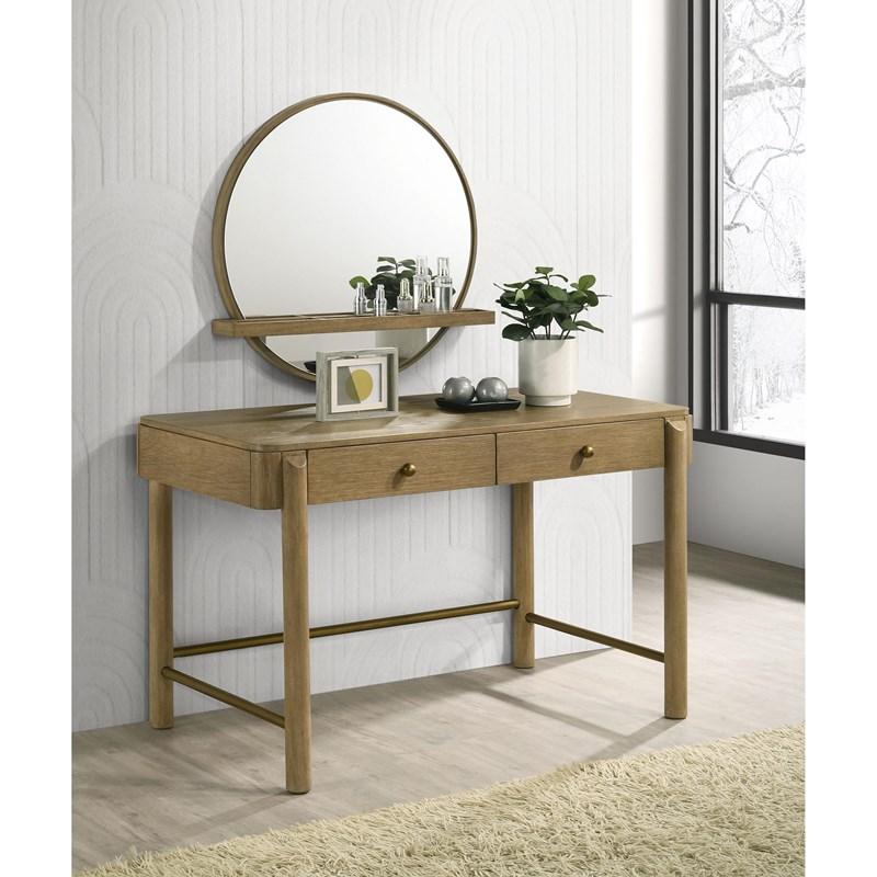 Large Picture of Coaster Furniture Arini 224308 Round Vanity Wall Mirror with Shelf - Sand Wash
