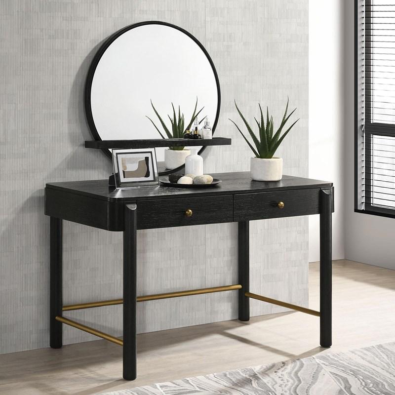 Large Picture of Coaster Furniture Arini 224338 Round Vanity Wall Mirror with Shelf - Black