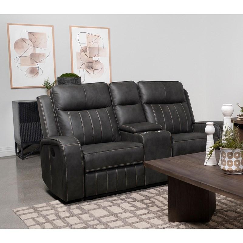 Large Picture of Coaster Furniture Raelynn 603192 Upholstered Track Arm Motion Loveseat - Grey