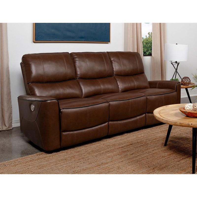 Large Picture of Coaster Furniture Greenfield 610264P Upholstered Power Reclining Sofa - Saddle Brown