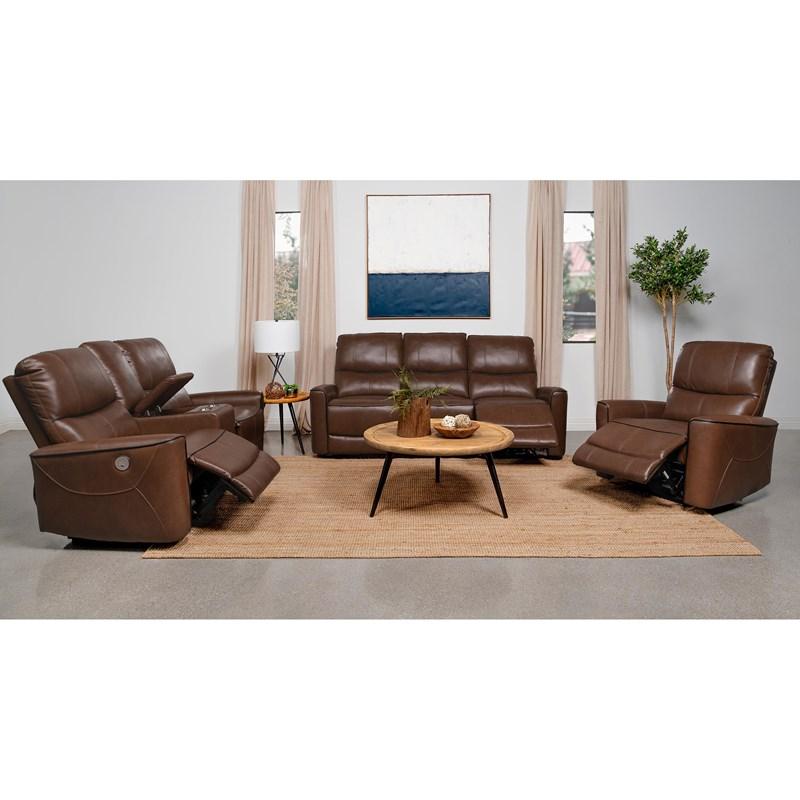 Large Picture of Coaster Furniture Greenfield 610264P Upholstered Power Reclining Sofa - Saddle Brown