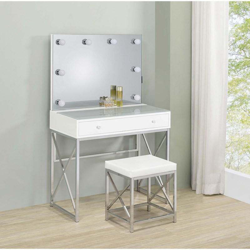 Large Picture of Coaster Furniture Eliza 936164 Vanity Set with Lighting & Stool - White and Chrome