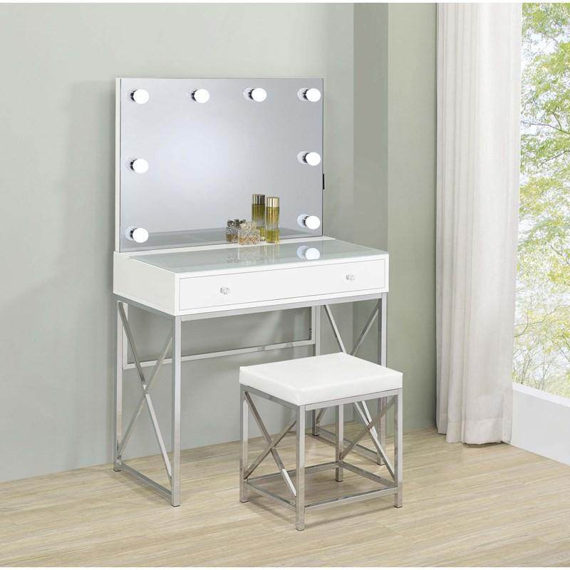 Large Picture of Coaster Furniture Eliza 936164 Vanity Set with Lighting & Stool - White and Chrome