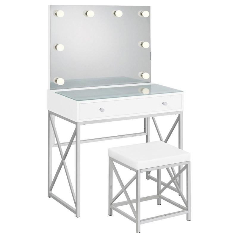 Large Picture of Coaster Furniture Eliza 936164 Vanity Set with Lighting & Stool - White and Chrome