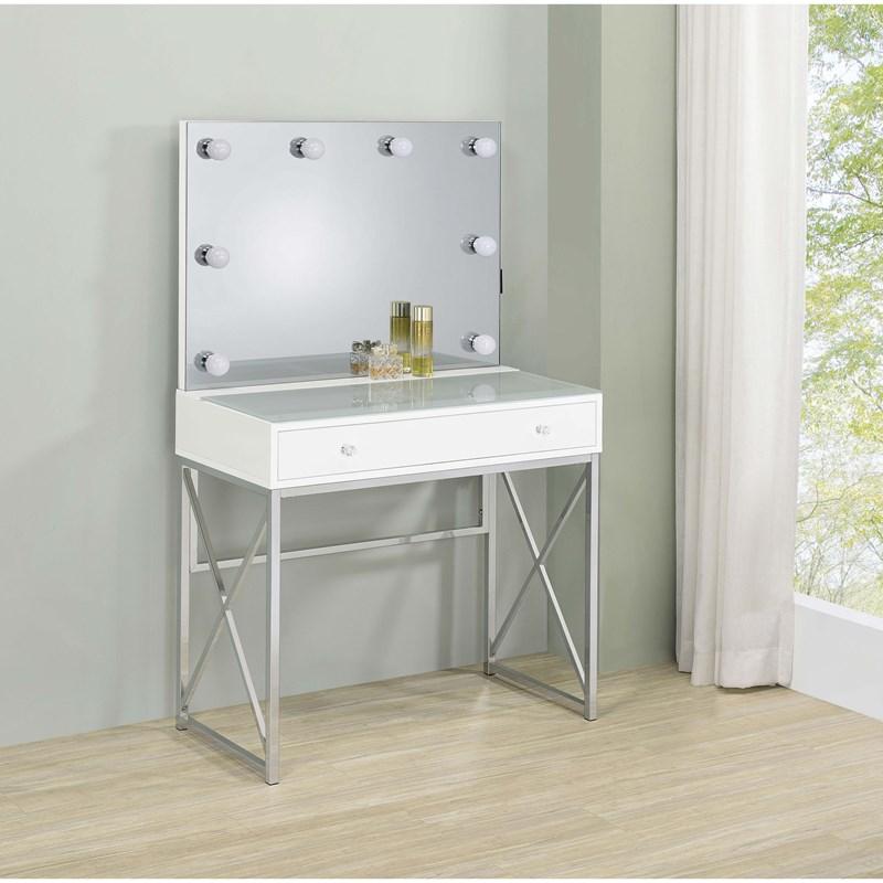 Large Picture of Coaster Furniture Eliza 936164 Vanity Set with Lighting & Stool - White and Chrome