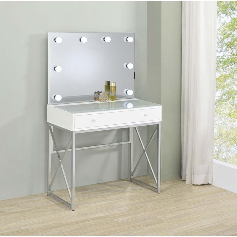 Large Picture of Coaster Furniture Eliza 936164 Vanity Set with Lighting & Stool - White and Chrome