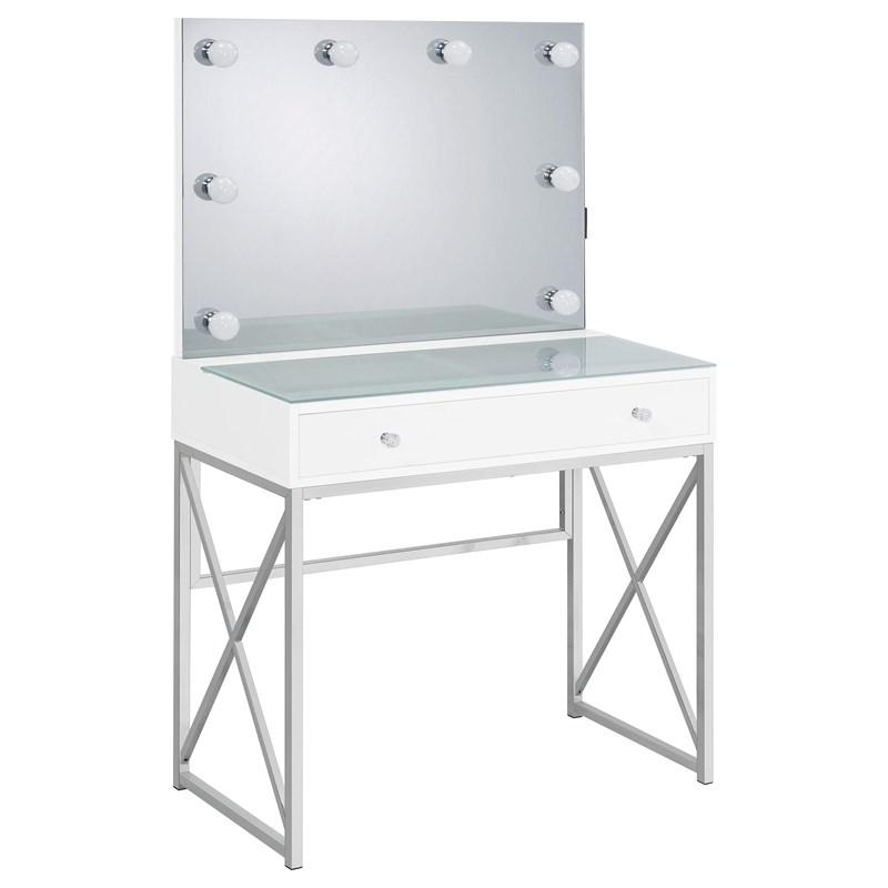 Large Picture of Coaster Furniture Eliza 936164 Vanity Set with Lighting & Stool - White and Chrome