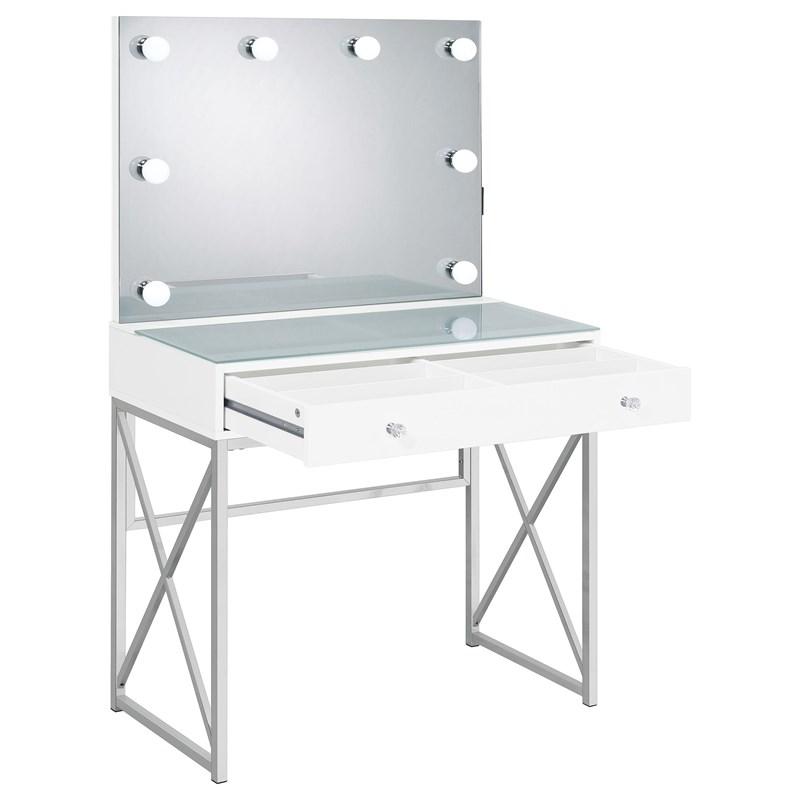 Large Picture of Coaster Furniture Eliza 936164 Vanity Set with Lighting & Stool - White and Chrome