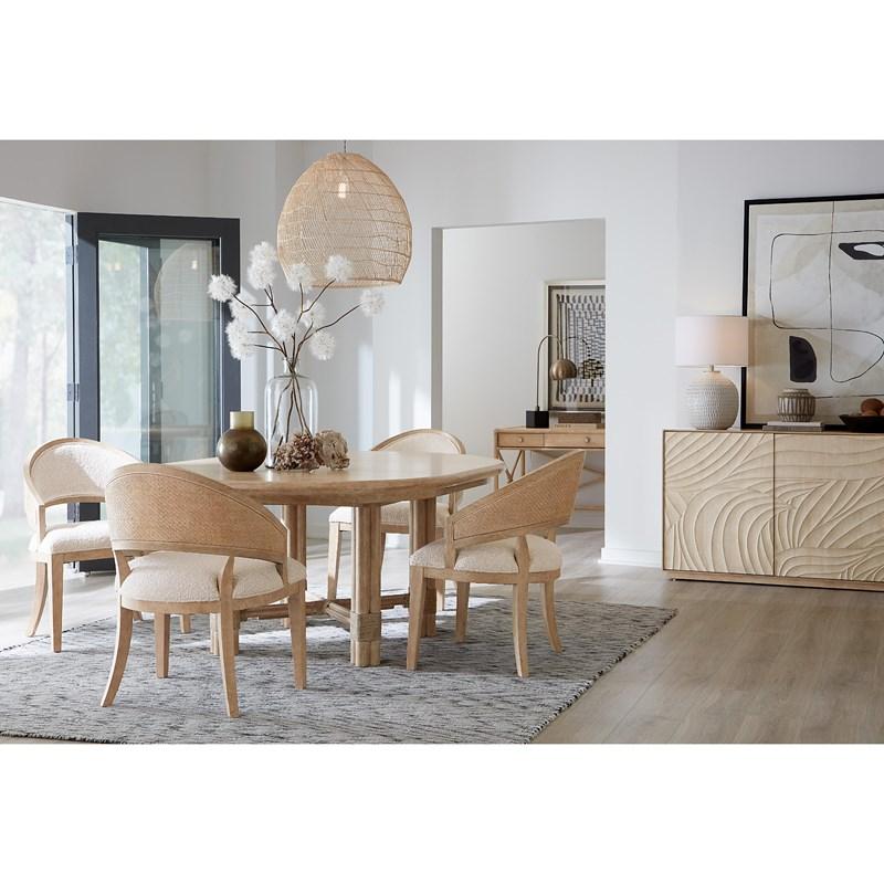 Large Picture of Hooker Furniture 6950-75201-80 Retreat Pole Rattan Round Dining Table with 1-20in Leaf