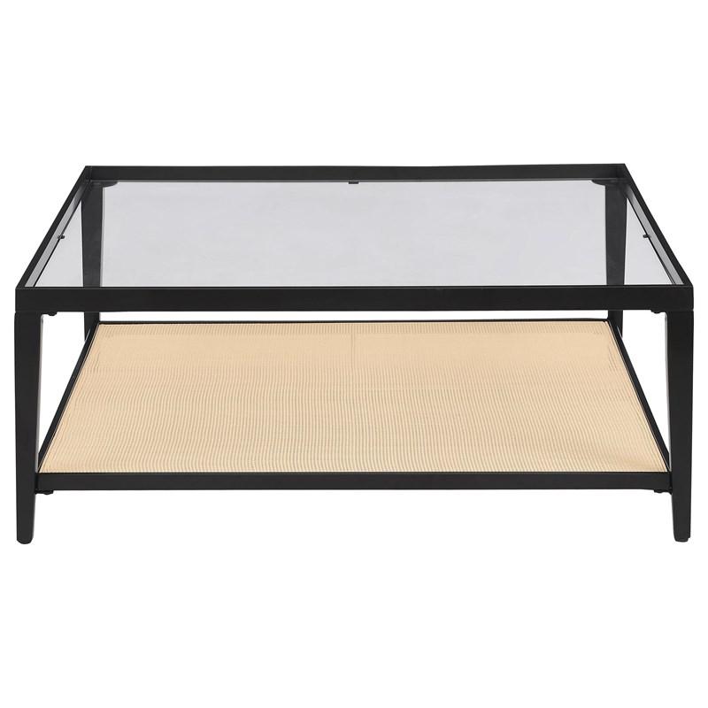 Large Picture of Coaster Furniture Amherst 710658 Glass Top Metal with Cane Shelf Coffee Table - Black