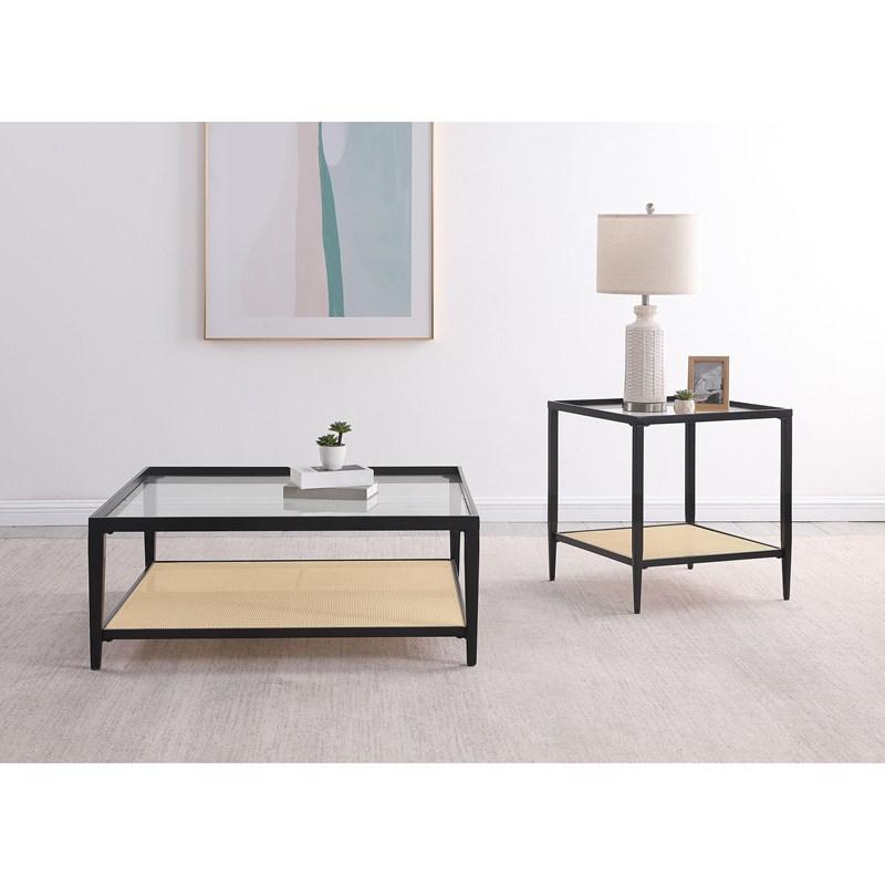 Large Picture of Coaster Furniture Amherst 710658 Glass Top Metal with Cane Shelf Coffee Table - Black