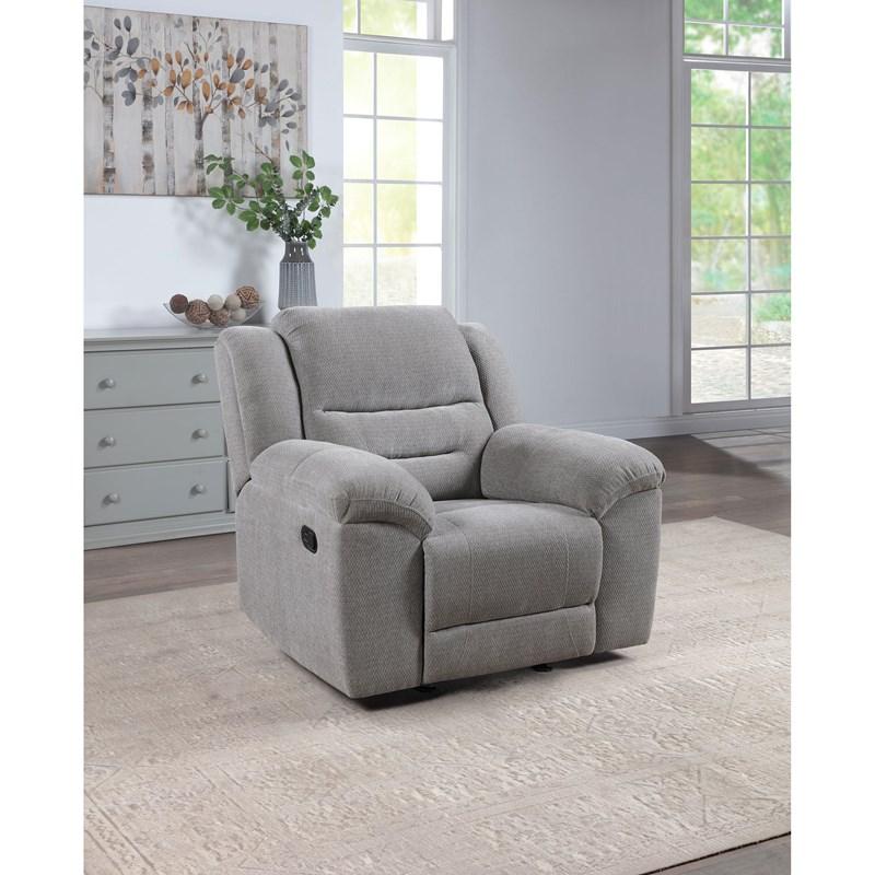 Large Picture of Coaster Furniture Gilson 602553 Chenille Upholstered Glider Recliner Chair - Grey